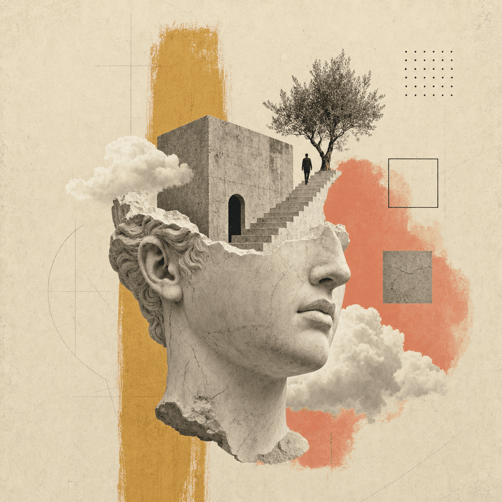 Paper collage: a plaster profile inside a torn archway opening onto a mountain sky, with a mustard square anchoring the base.